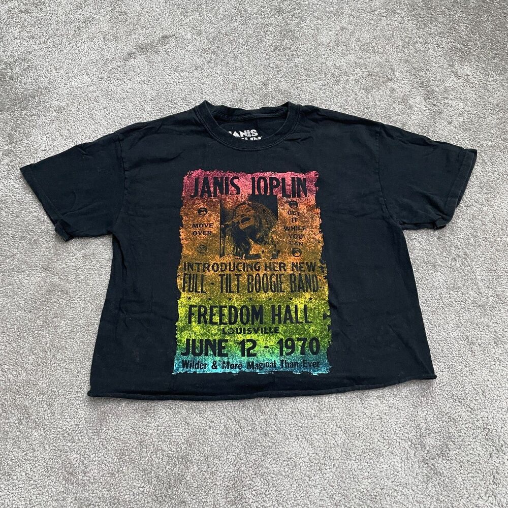 Janis Joplin Freedom Wall 1970 Graphic Cropped Tee Womens Medium Black T-Shirt
